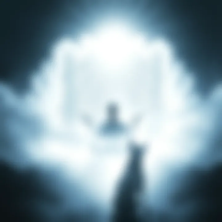 A person meditating with bright white light surrounding them, experiencing vibrations and a sense of peace, while a ghostly outline of a dog appears nearby.
