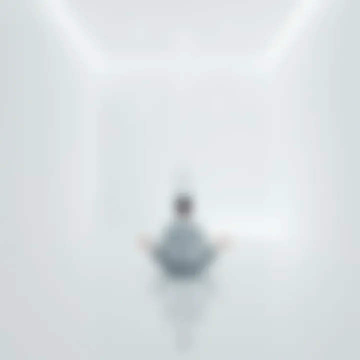 Meditation in a White Room A person meditating in a bright white room with a faint figure in the background and strange symbols floating around