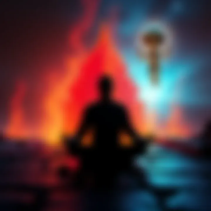 A person in deep meditation surrounded by a glowing temple and an alien figure hovering nearby