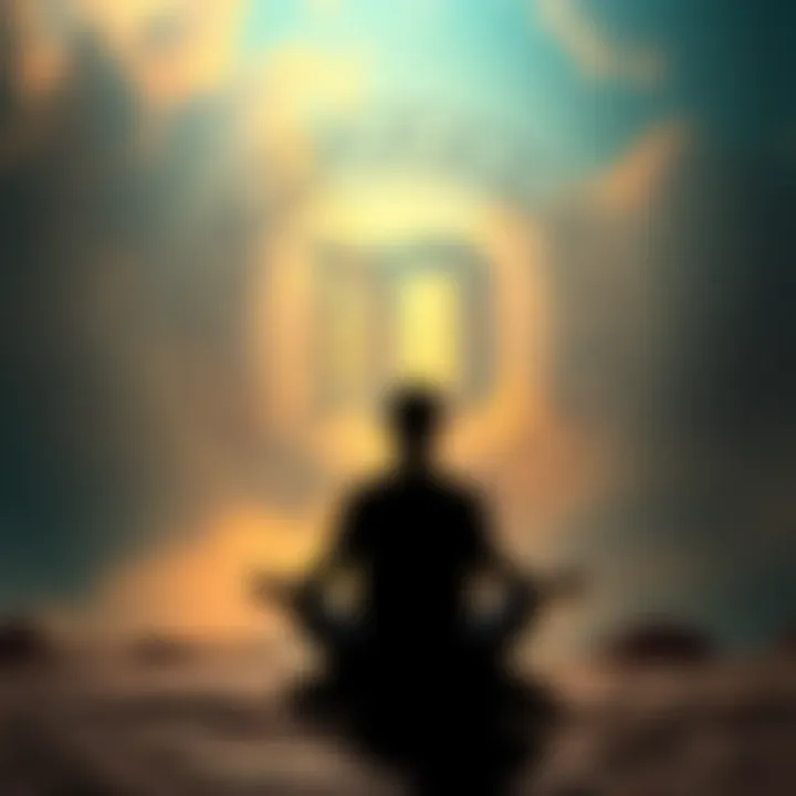 A person meditating with a mystical sigil resembling a distorted Greek letter, reflecting connections to Greek and Hebrew roots. The atmosphere is serene and spiritual, hinting at the Qliphoth.
