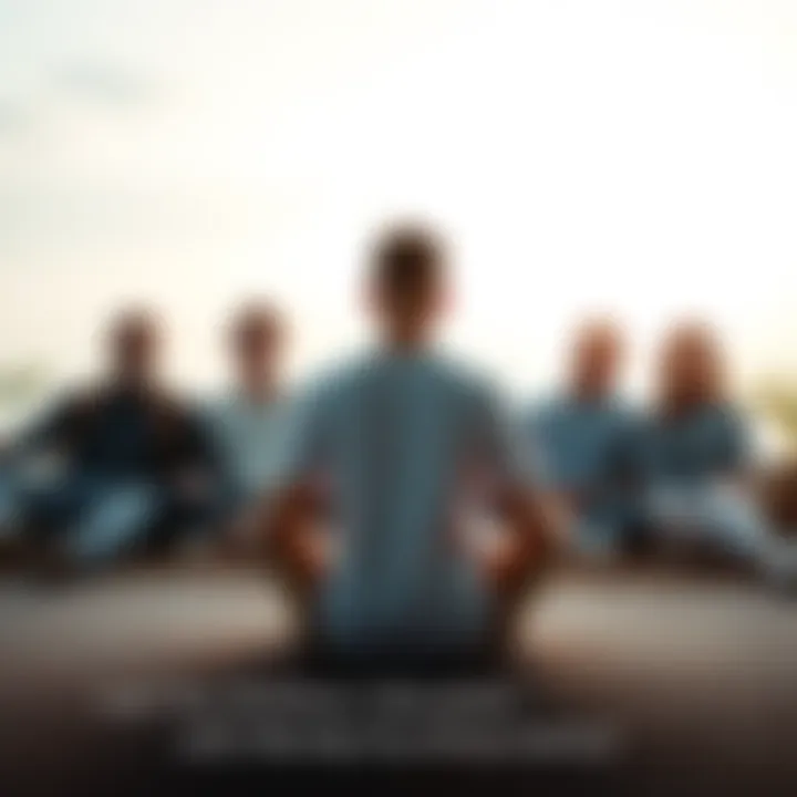 A person sits cross-legged in meditation while family and friends relax around them, illustrating the balance between personal relationships and spiritual growth.