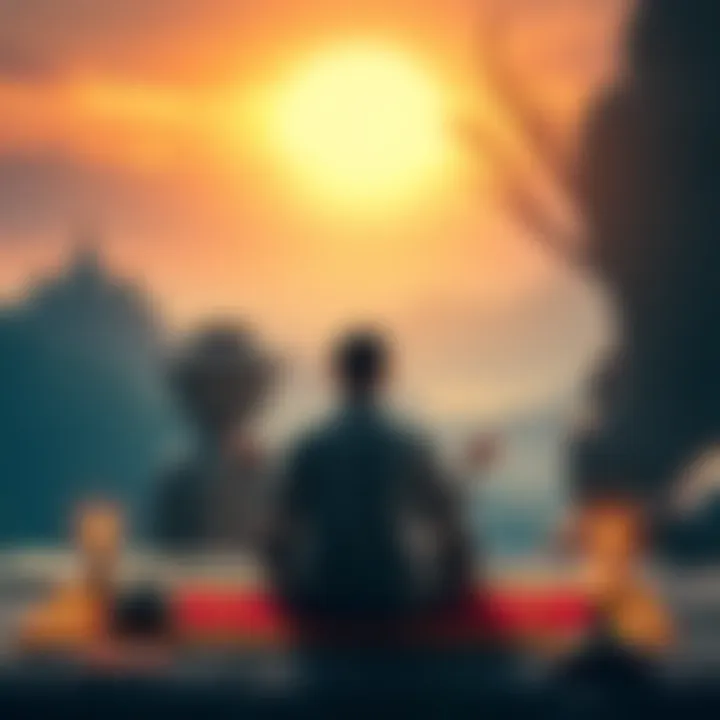 A serene scene of a person meditating while reading sutras, with Master Shengyen guiding them in a peaceful setting.