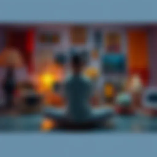 A person sitting calmly, meditating with various everyday objects around them, reflecting focus and perspective on meditation practice.