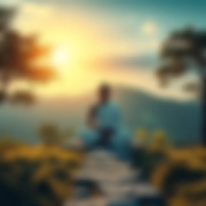 A person sitting in meditation, surrounded by serene nature, symbolizing peace and a journey through Buddhism.