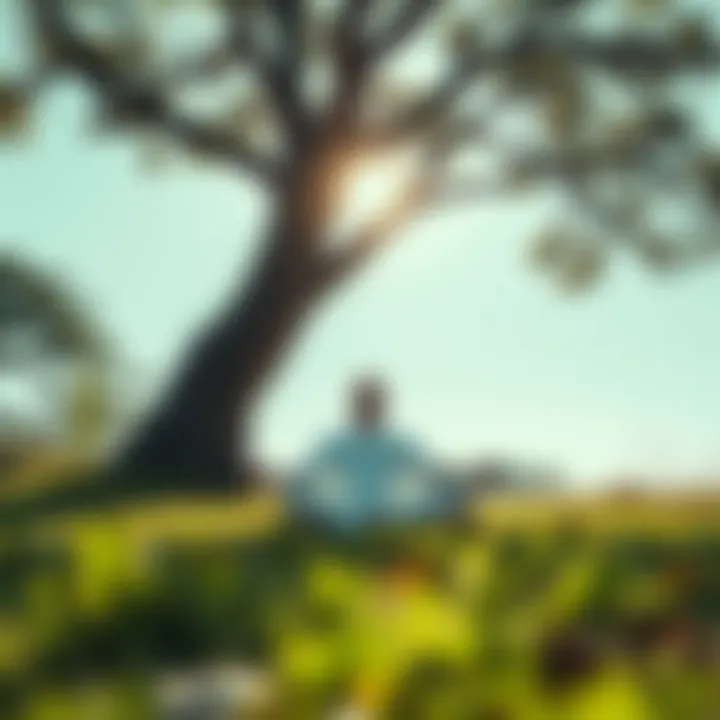 A person sitting cross-legged in meditation under a tree, surrounded by nature, symbolizing self-inquiry and peace.