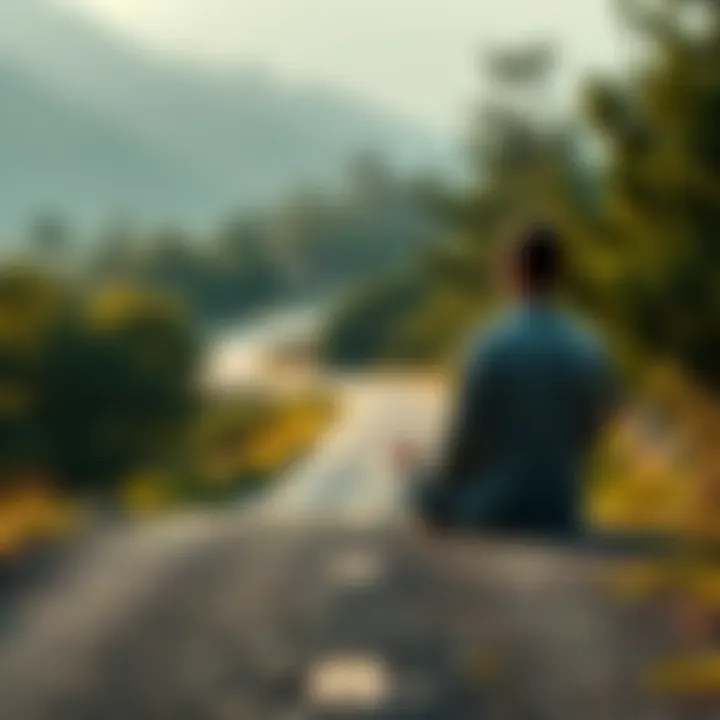 A person meditating by a road, representing a journey of self-discovery and enlightenment, with serene surroundings.