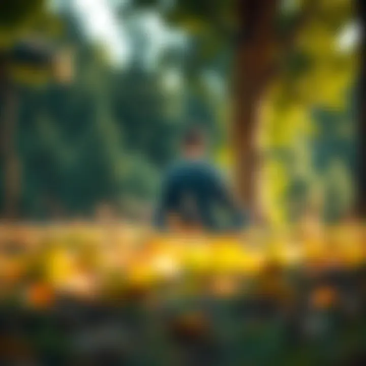 A person sitting cross-legged in a serene natural setting, embodying calm and contemplation, surrounded by trees and a peaceful atmosphere.