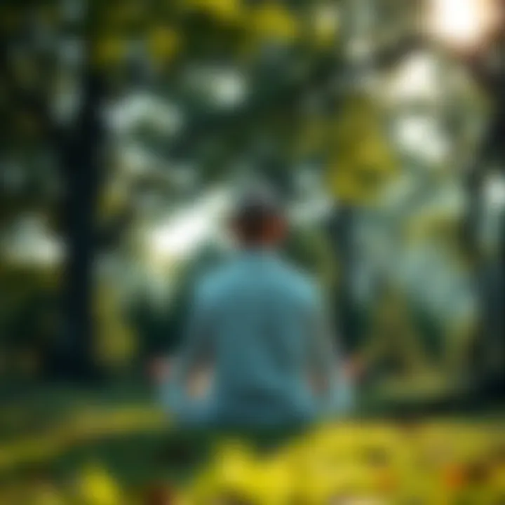 A person meditating in a peaceful outdoor setting, surrounded by trees and soft sunlight, reflecting on mindfulness and compassion