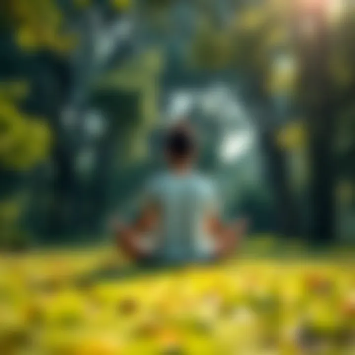 Meditative person in nature A person sitting cross-legged in a serene outdoor setting, surrounded by trees and soft sunlight, exemplifying calmness and mindfulness.