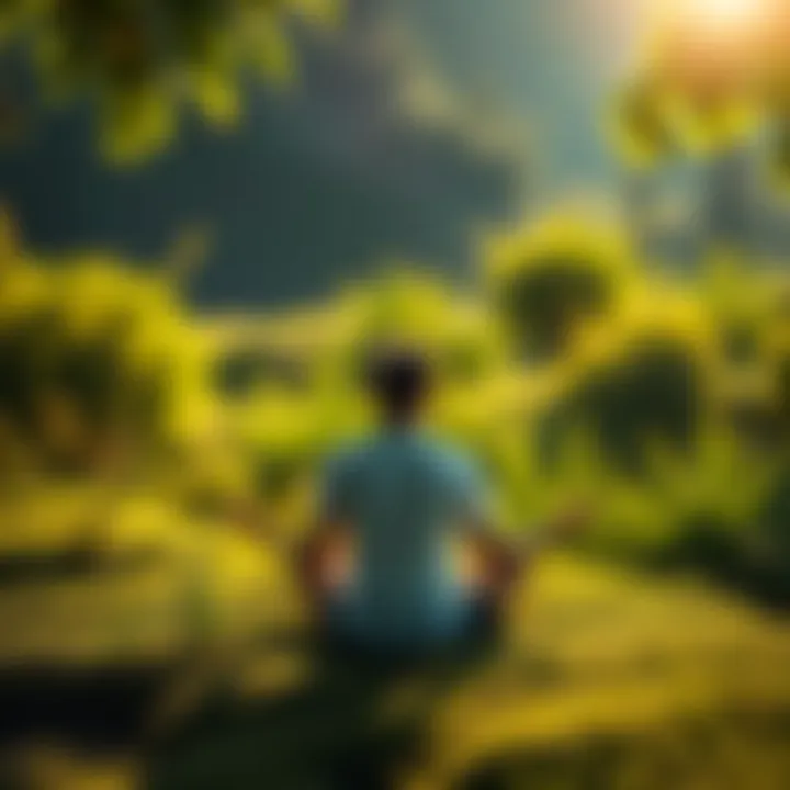 A person meditating in a serene outdoor setting, surrounded by lush greenery and soft sunlight, symbolizing spiritual awakening and higher consciousness.