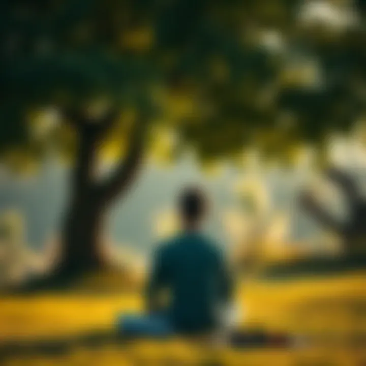 Person in a meditative pose A person sits in a meditative pose under a tree, looking contemplative with a distant gaze, symbolizing a sense of loss and reflection after spiritual awakening.