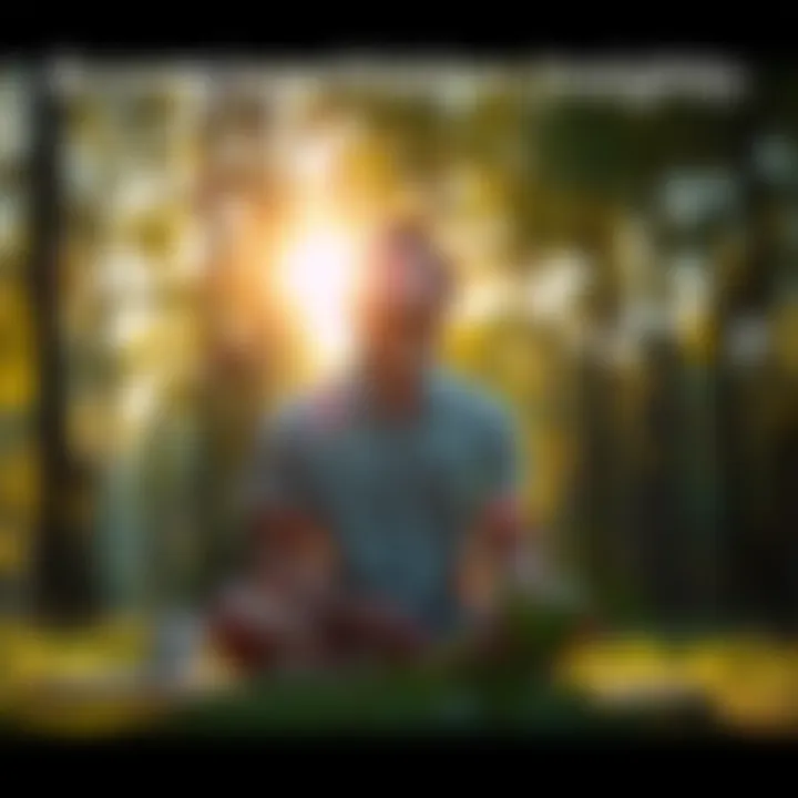 A person sitting in a peaceful outdoor setting, eyes closed, reflecting deeply as sunlight filters through trees, symbolizing personal transformation and insights.