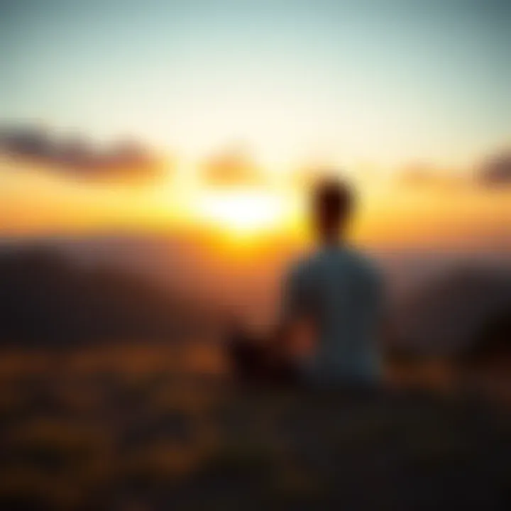A person meditating peacefully in a serene outdoor setting with mountains and sunrise in the background