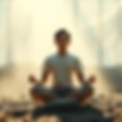 A person sitting cross-legged in a peaceful environment, with a calm expression, surrounded by soft light and natural elements, reflecting a journey into altered consciousness.