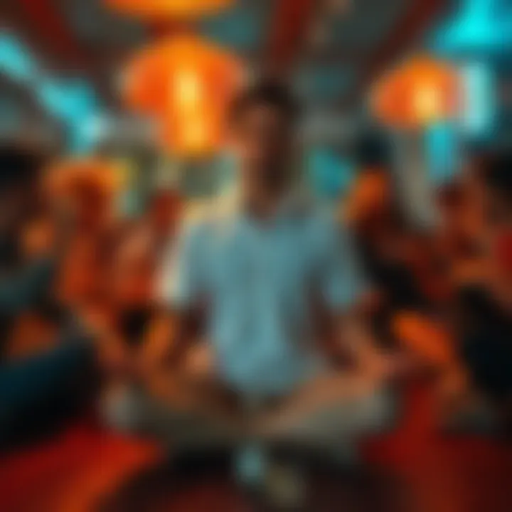 A person sitting cross-legged in meditation, surrounded by friends drinking at a gathering, looking calm and confident.