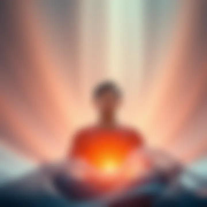 Meditator at Peace A person meditating peacefully with a serene expression, surrounded by soft light and gentle waves of color, representing inner calm and reflection.