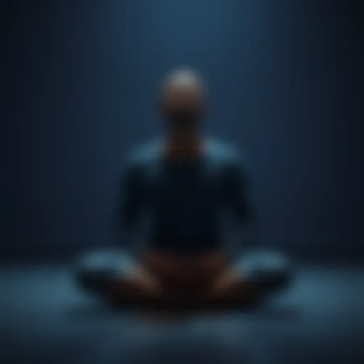 Meditator Concentrating A person sitting cross-legged, eyes closed, focusing on their breathing during meditation, looking serene but slightly frustrated.