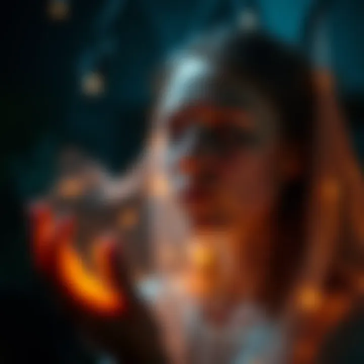 A medium with closed eyes, surrounded by a soft glow, appears to be in deep concentration as they connect with the spirit world.