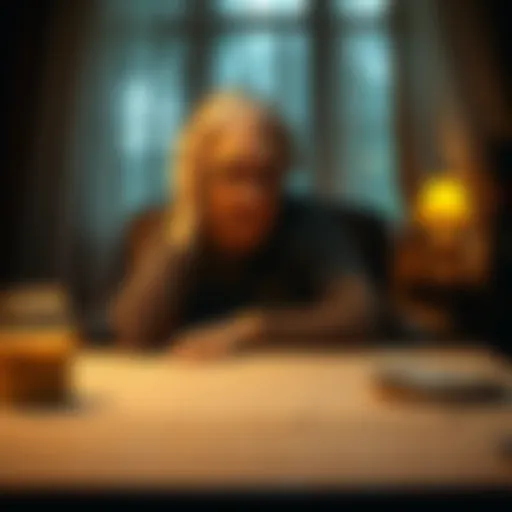 A medium sitting at a table, showing discomfort while communicating with a stern-looking elderly woman in the background, suggesting a tense atmosphere during the session.