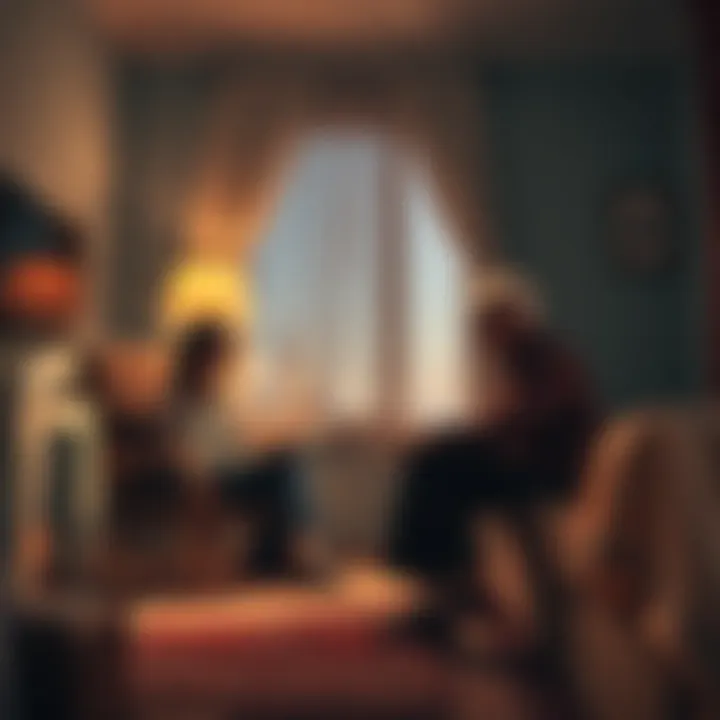 A medium sitting across from a person in a cozy room, sharing a serious message from a spirit, with a concerned expression on the person's face