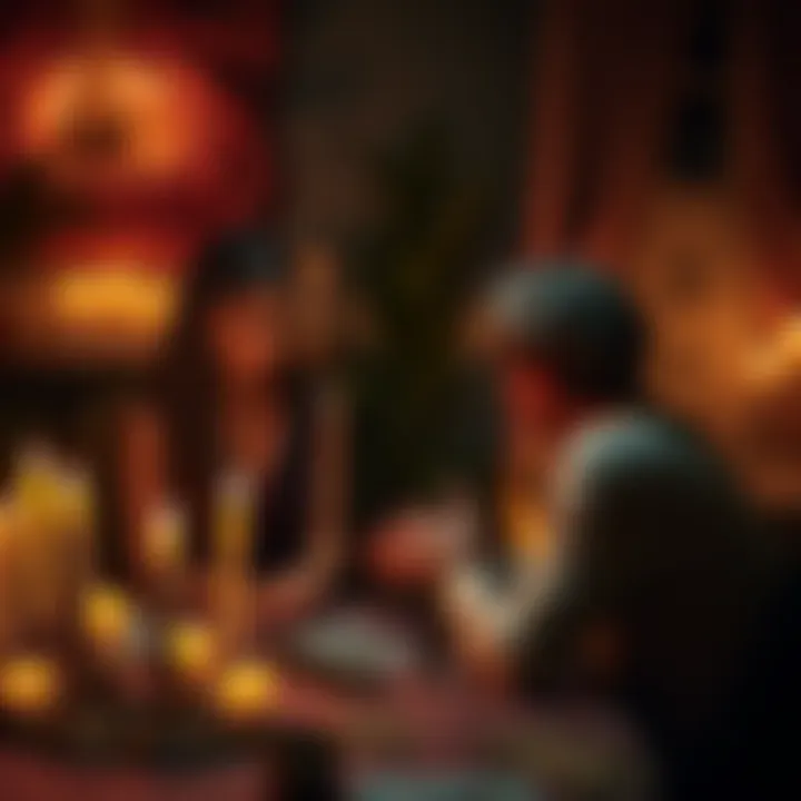 A woman sits across from a medium at a table, looking uneasy while the medium appears focused and serious, surrounded by candles and tarot cards.