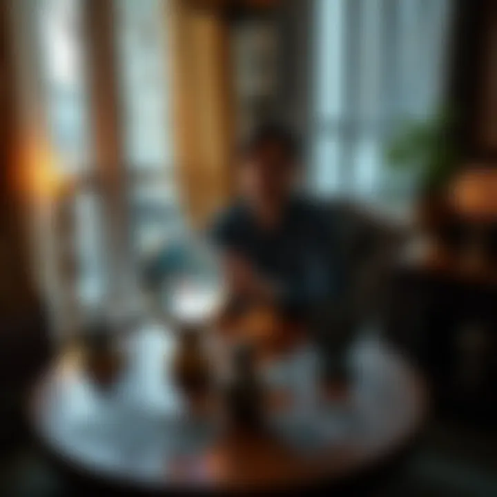 A person sitting at a table with a crystal ball and tarot cards in a cozy room, reflecting the atmosphere of a medium session in New York City.