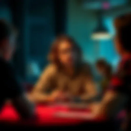 A medium sitting at a table, conversing with an unseen presence, looking thoughtful.