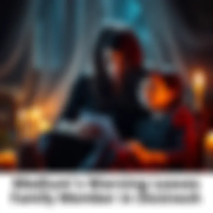 A medium conducting a reading with a distressed sister, surrounded by candles and a mystical atmosphere.