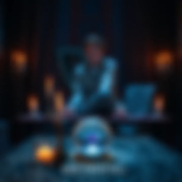 A person sitting at a table with candles and a crystal ball, preparing for a medium reading session.