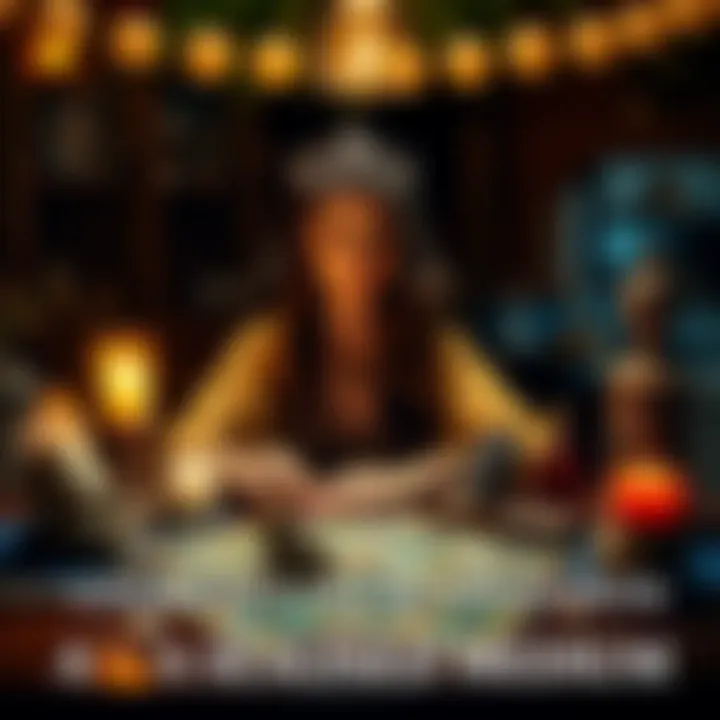 A seasoned medium sits at a table with tarot cards and crystals, inviting people for personal readings. A warm light surrounds her, creating a welcoming atmosphere.