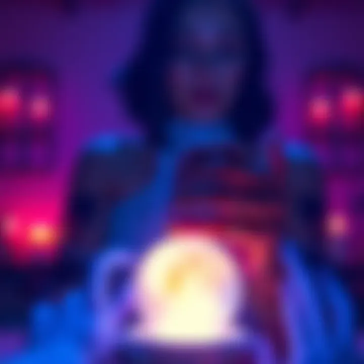 A medium standing with a crystal ball, inviting people to connect with loved ones or receive energy readings.