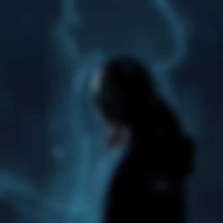 Medium reflecting on a past experience A medium stands solemnly, looking lost in thought as they recall a moment of spiritual significance, with a faint outline of a woman's spirit in the background, symbolizing a plea for help.