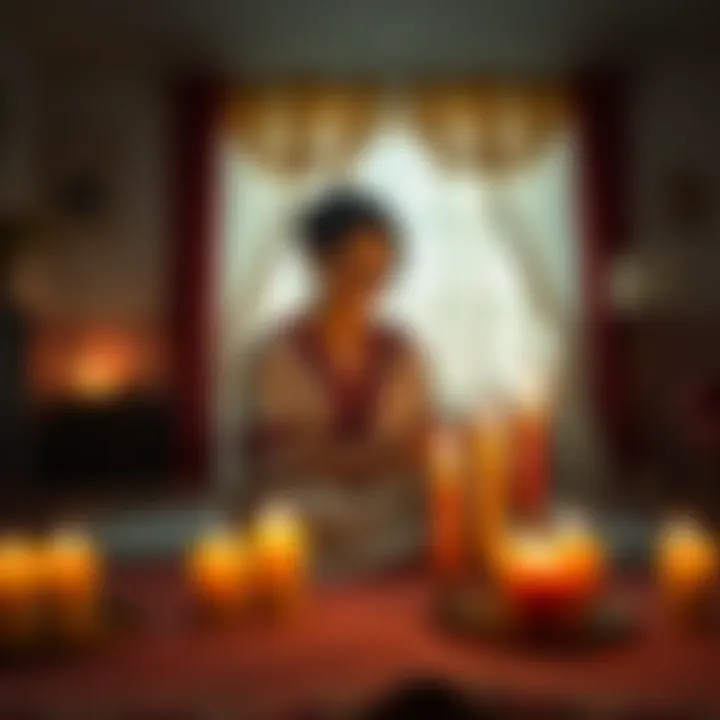 A medium sitting in a calm room, surrounded by candles, focusing on connecting with spirits.