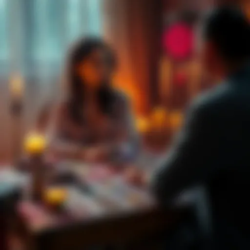 A medium sitting at a table with tarot cards and crystals, looking thoughtful as they connect with someone seeking guidance about their True Flame.