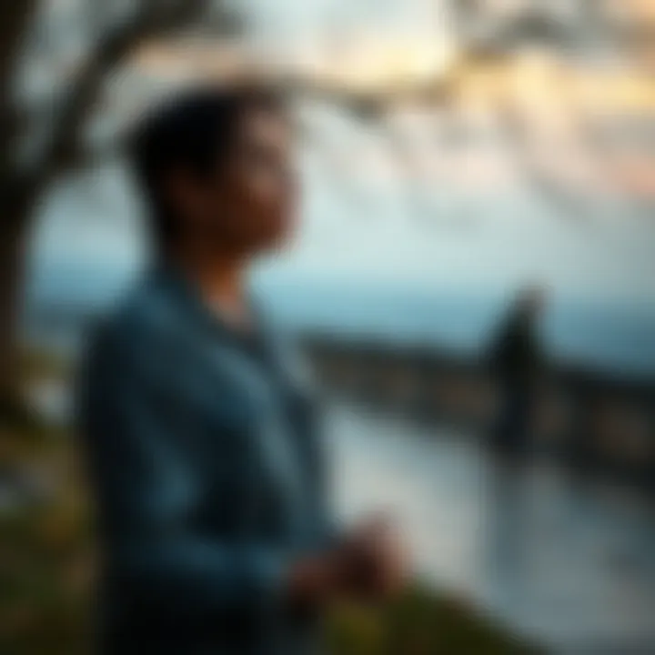 Medium sharing spiritual insights A medium standing in a serene setting, expressing their experiences of seeing and hearing spirits, with a calm and thoughtful demeanor.