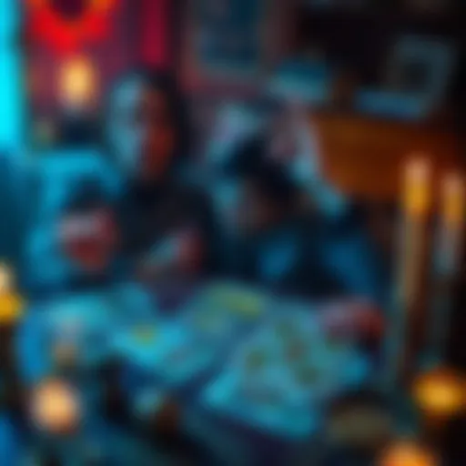 A medium conducting a tarot reading with a skeptical person, showcasing cards on a table, with candles and mystical ambiance around them
