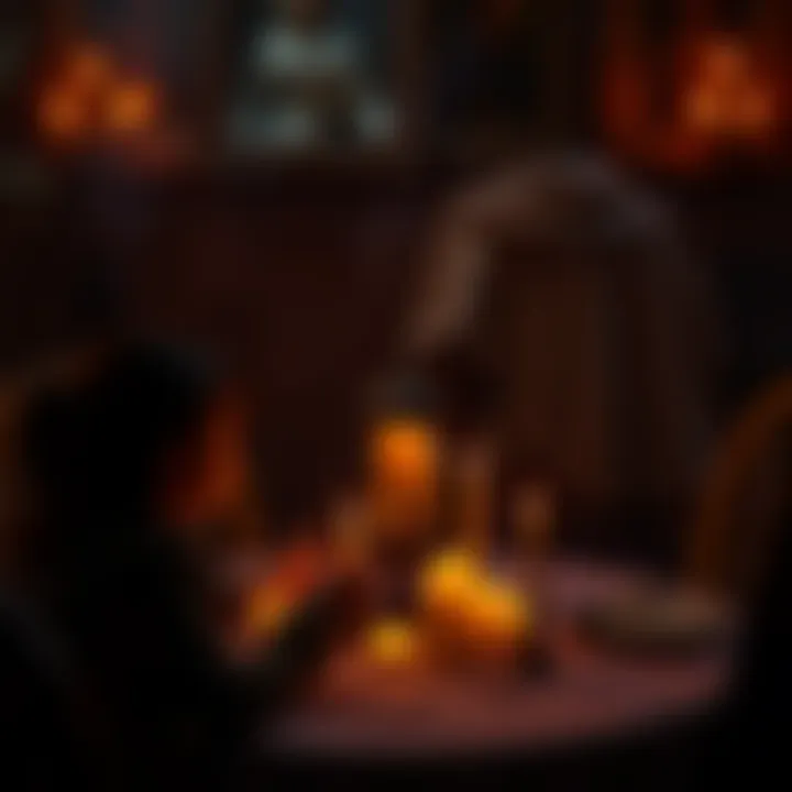 A medium sitting at a table with candles, attempting to connect with spirits during a session