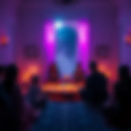 A medium conducts a spiritual session with participants, candles lit and a serene atmosphere, engaging with unseen energies.