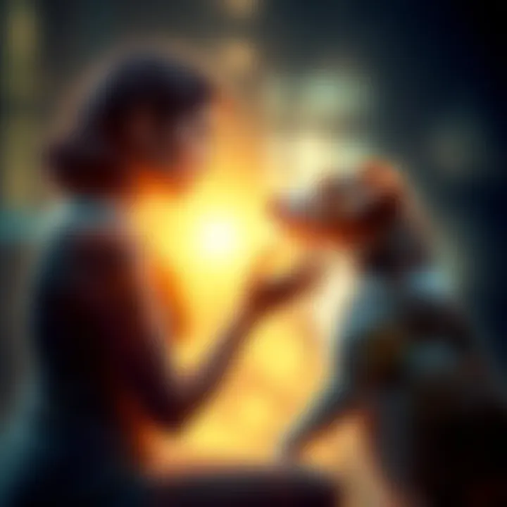 Mediumship Session with Animals A person communicating with a pet, surrounded by soft light, representing a mediumship session
