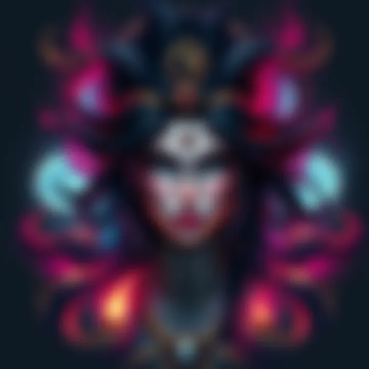 A representation of Medusa with dark flowing hair and striking features, surrounded by symbols of beauty and magic