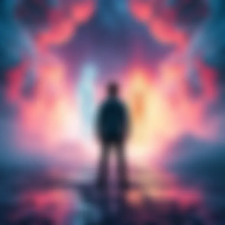 A person stands in a dreamlike space, facing a glowing figure that resembles themselves, creating a surreal atmosphere.