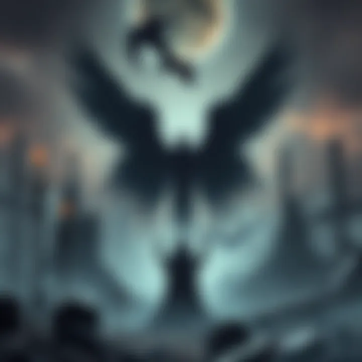 A dreamer encounters Andras, a spirit represented by a shadowy figure with raven wings, in a dark, misty landscape filled with symbols of decay.