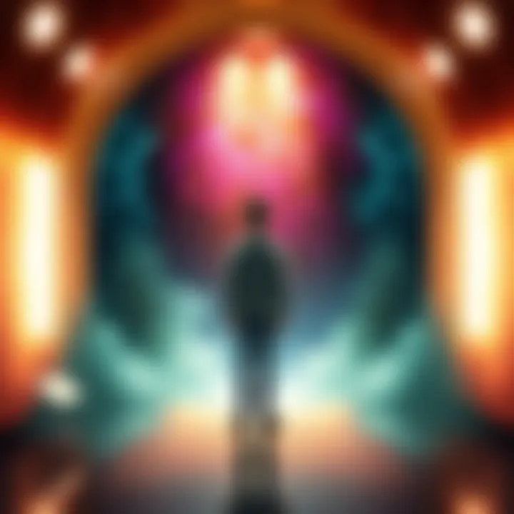 A person stands in a time portal, looking at their younger self in a bright, dreamlike setting.