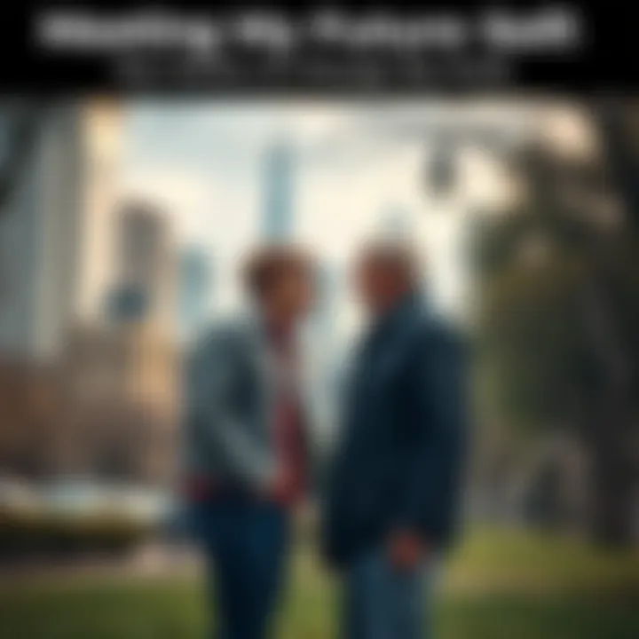 A person standing face to face with their older self, both looking thoughtful about life choices, in a city park setting.
