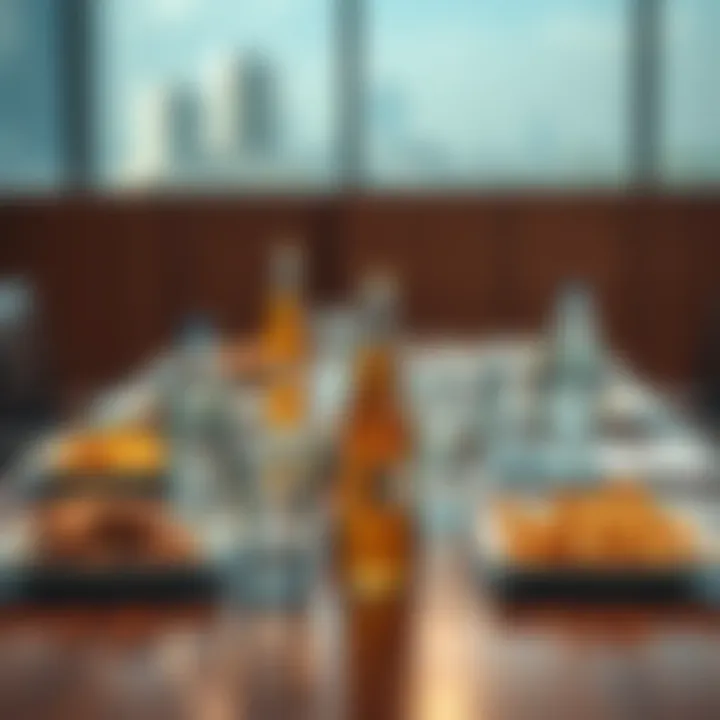 A table set with snacks and drinks for a meeting, featuring cold water and beers, creating a welcoming atmosphere.