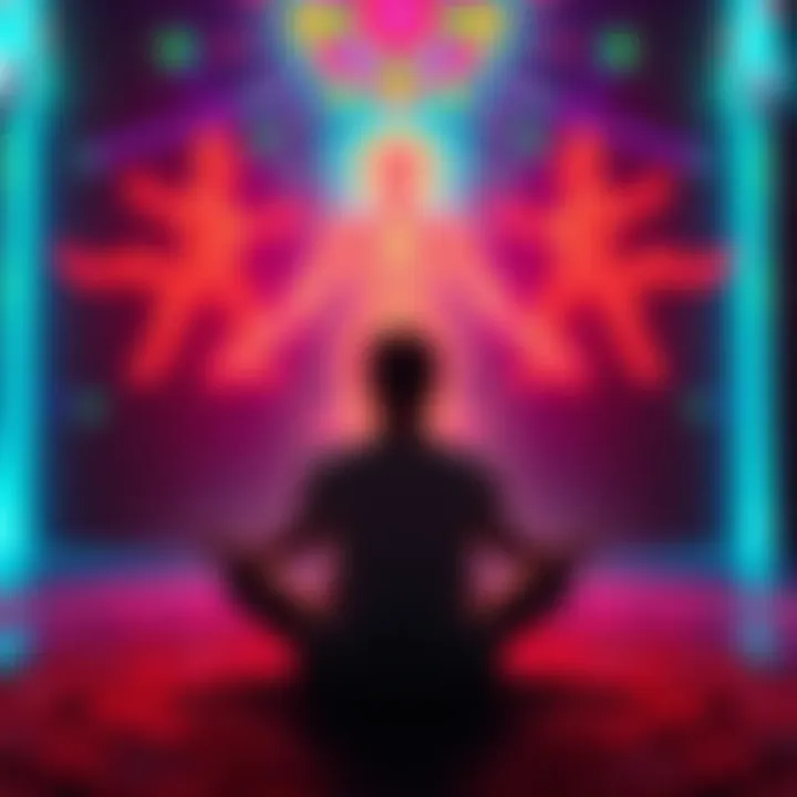 A person sitting in a meditative pose surrounded by colorful light forms representing entities, suggesting a telepathic connection.