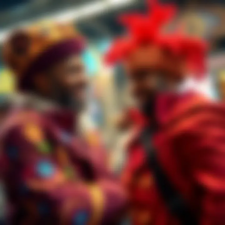 A person in a colorful costume smiling and chatting with Zak, who is also smiling and looking friendly, creating a joyful atmosphere.