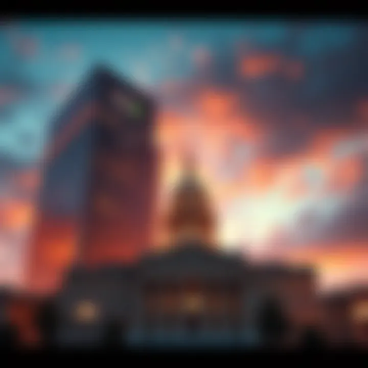 A large corporate building overshadowing a government building, representing the influence of mega corporations on government.