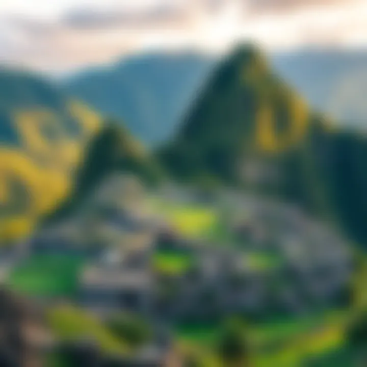 A view of ancient megalithic structures surrounded by lush greenery in Peru, showcasing large stone formations and historical ruins.