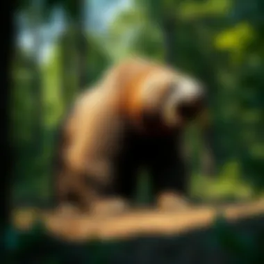 A large ground sloth resembling Megalonyx Jeffersonii stands among trees in a dense Arkansas forest, evoking thoughts of ancient wildlife.